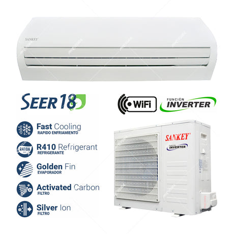 Sankey Aire Acondicionado Split Inverter 34,500 BTU | SEER 18 | Enfriamiento Supremo | Filtro de Carbón Activo | 220v