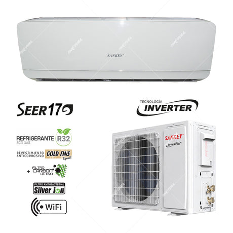 Sankey Aire Acondicionado Split Inverter 34,000 BTU | SEER 17 | WiFi | Enfriamiento Supremo | Silver Ion | Filtro de Carbón Activo | 220v