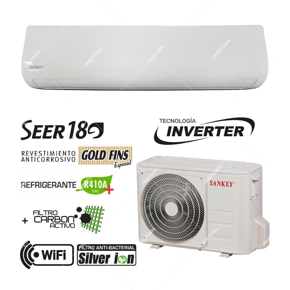 Sankey Aire Acondicionado Split Inverter 36,000 BTU | SEER 18 | WiFi | Enfriamiento Supremo | Silver Ion | Filtro de Carbón Activo | 220v