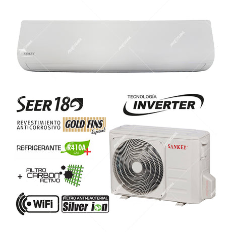 Sankey Aire Acondicionado Split Inverter 36,000 BTU | SEER 18 | WiFi | Enfriamiento Supremo | Silver Ion | Filtro de Carbón Activo | 220v