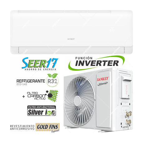 Sankey Aire Acondicionado Split Inverter 9,000 BTU | SEER 17 | Enfriamiento Supremo | Silver Ion | Filtro de Carbon Activo | 220v