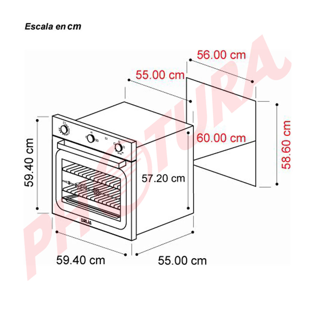 Drija Europa 60 Gas Grill Horno Multifuncional Empotrable a Gas | Puerta de Triple Vidrio | 250°C