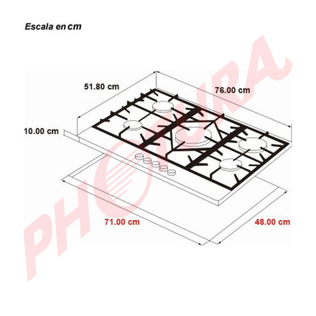DRIJA Ferrara 76 Pro Estufa Empotrable a Gas de Vidrio Templado / Acero Inoxidable | 5 Quemadores | 5 Válvulas de Seguridad | Plancha de Hierro Fundido