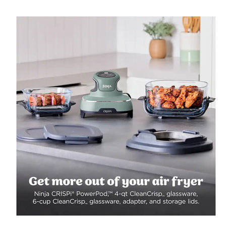 Ninja Crispi Freidora de Aire Portátil De Vidrio 4-en-1 | 4QT | Tecnología PowerPod | Cristalería TempWare | Hornea y Fríe | Verde