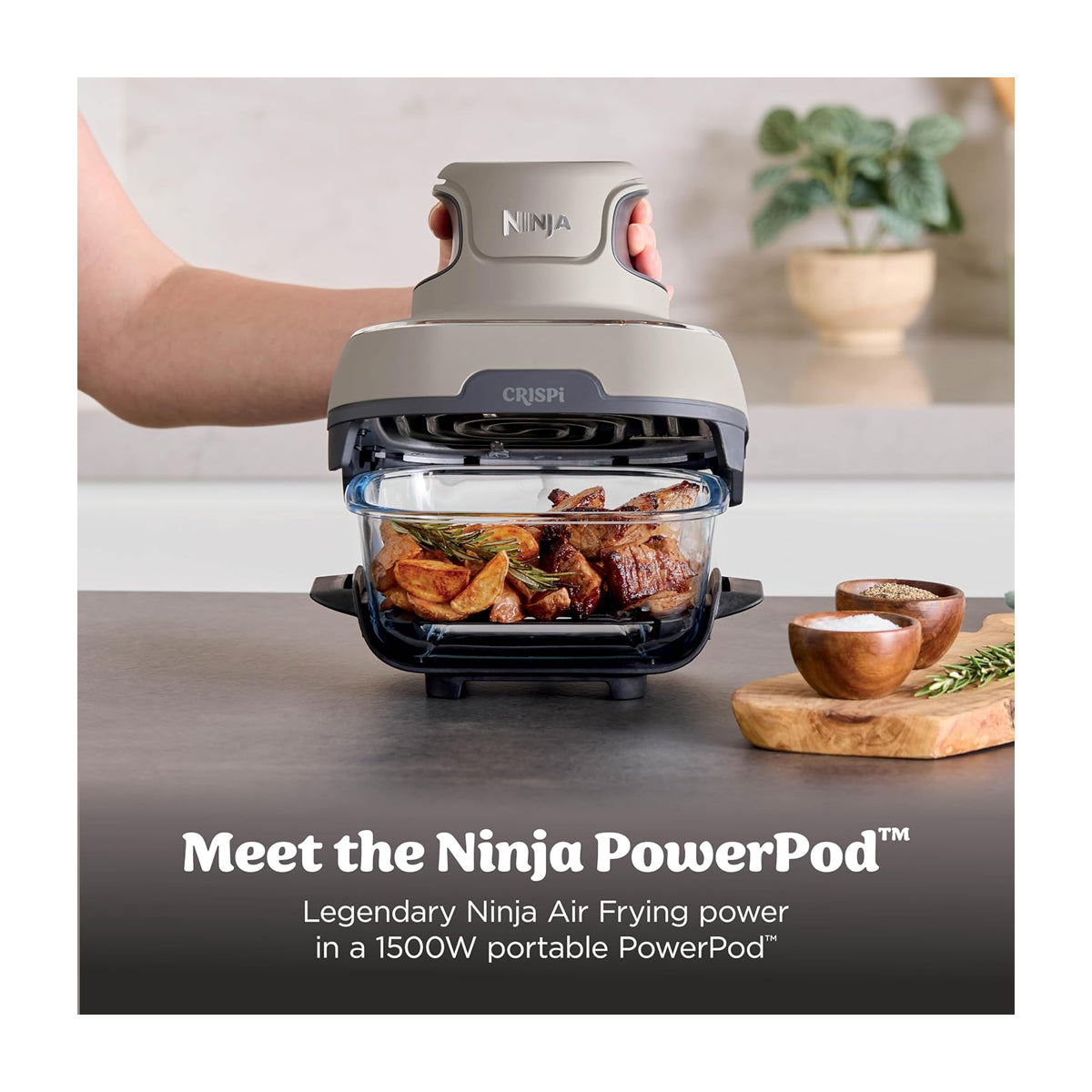 Ninja Crispi Freidora de Aire Portátil De Vidrio 4-en-1 | 4QT | Tecnología PowerPod | Cristalería TempWare | Hornea y Fríe | Stone