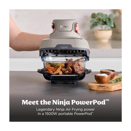 Ninja Crispi Freidora de Aire Portátil De Vidrio 4-en-1 | 4QT | Tecnología PowerPod | Cristalería TempWare | Hornea y Fríe | Stone