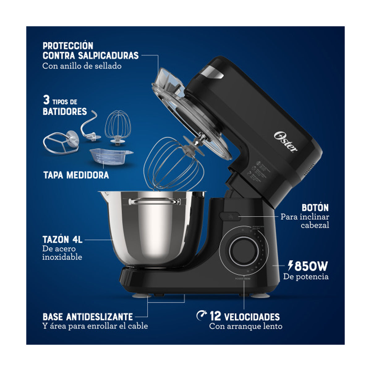 Oster FPSTSMPL2B Batidora de Pedestal de 12 Velocidades | 4L | 850W |  Negro