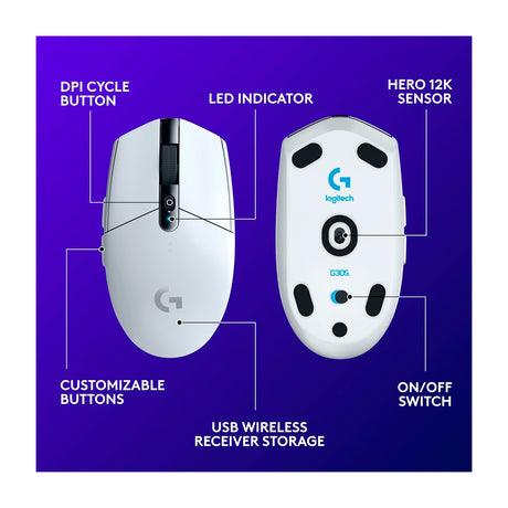Logitech G305 LIGHTSPEED Mouse Gaming Inalámbrico | RGB | 12000 DPI | Blanco