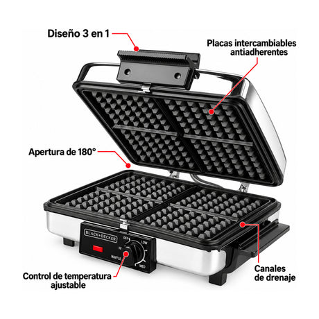 Black & Decker Plancha Sandwichera 3 en 1 | Placas Reversibles | Antiadherentes | Plateado Negro