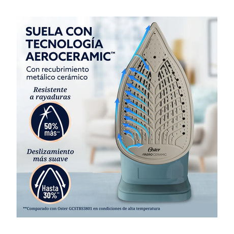 Oster GCSTAC7001 Plancha de Ropa a Vapor | 25% Mas Cobertura | Punta de Precision | Aero Ceramic | Sistema Anti-Calcificación | Verde
