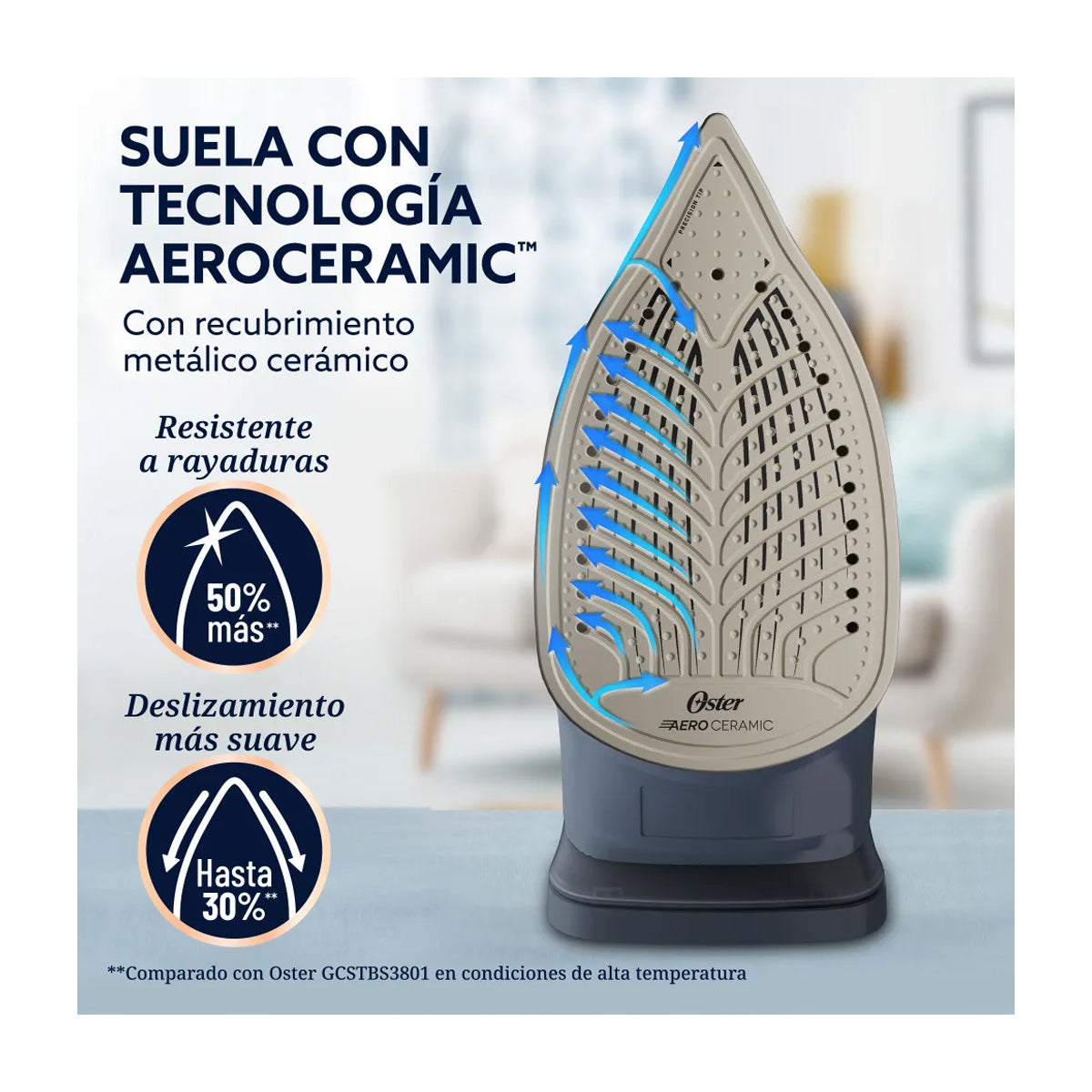 Oster GCSTAC7002 Plancha de Ropa a Vapor | 25% Mas Cobertura | Punta de Precision | Aero Ceramic | Sistema Anti-Calcificación | Negro