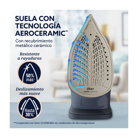 Oster GCSTAC7002 Plancha de Ropa a Vapor | 25% Mas Cobertura | Punta de Precision | Aero Ceramic | Sistema Anti-Calcificación | Negro