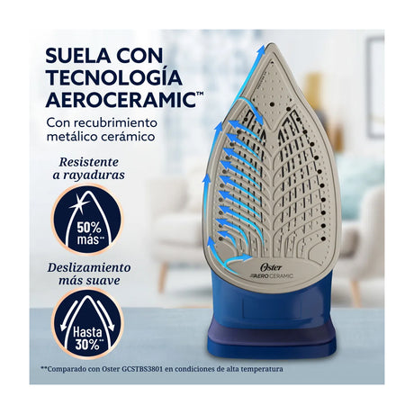 Oster GCSTAC7202 Plancha de Ropa a Vapor | 25% Mas Cobertura | Punta de Precision | Aero Ceramic | Sistema Anti-Calcificación | Azul