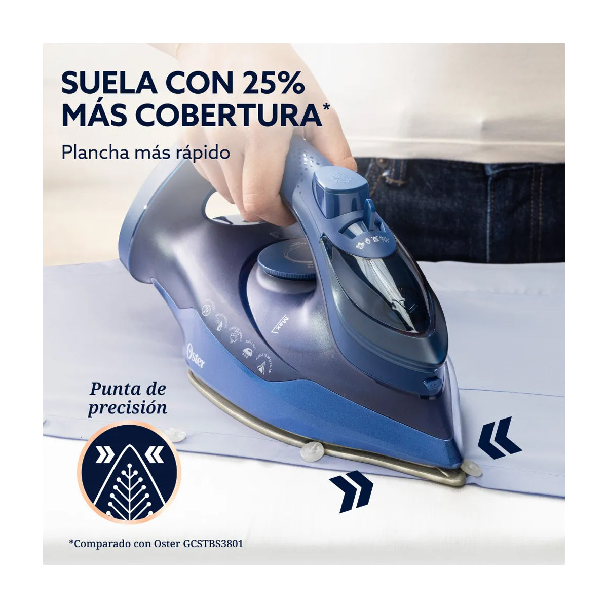 Oster GCSTAC7202 Plancha de Ropa a Vapor | 25% Mas Cobertura | Punta de Precision | Aero Ceramic | Sistema Anti-Calcificación | Azul