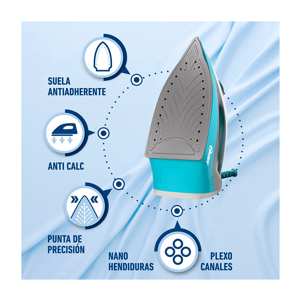 Oster GCSTBS6004 Plancha de Ropa a Vapor | 30% Mas Cobertura | Punta de Precisión | Antiadherente | Sistema Anti-Calcificación | Celeste Blanco