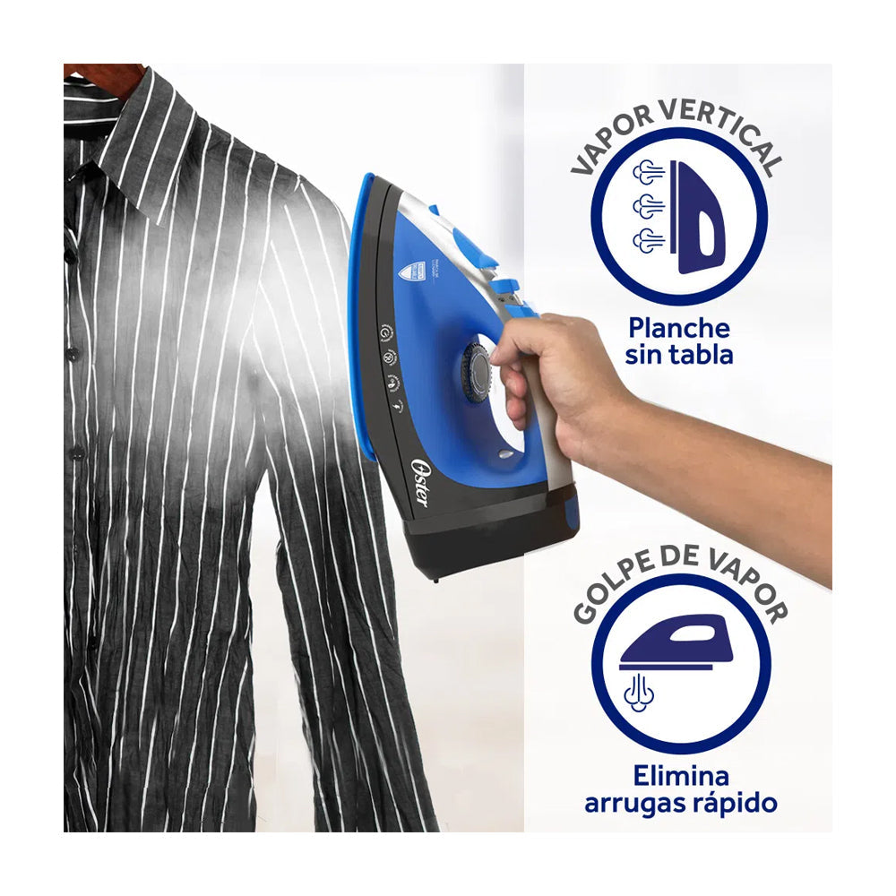 Oster Plancha de Ropa a Vapor | Cerámica | Cable Retráctil | Cable XL | Sistema Anti-Calcáreo | Azul/Negro