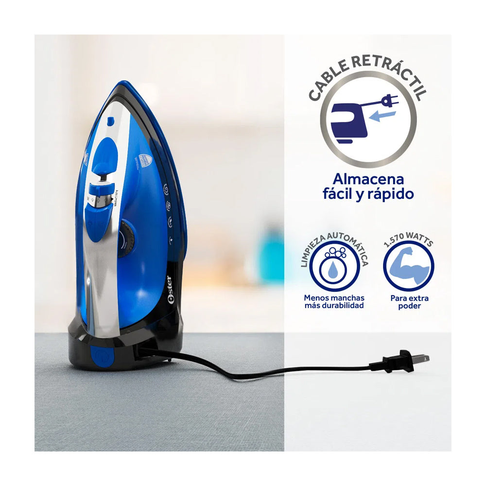 Oster Plancha de Ropa a Vapor | Cerámica | Cable Retráctil | Cable XL | Sistema Anti-Calcáreo | Azul/Negro