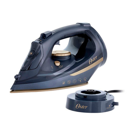 Oster GCSTCC5000 Plancha de Ropa a Vapor | Inalámbrica | 2-en-1 | Auto Limpieza / Apagado | Cerámica | Sistema Anti-Calcificación | Azul Dorado