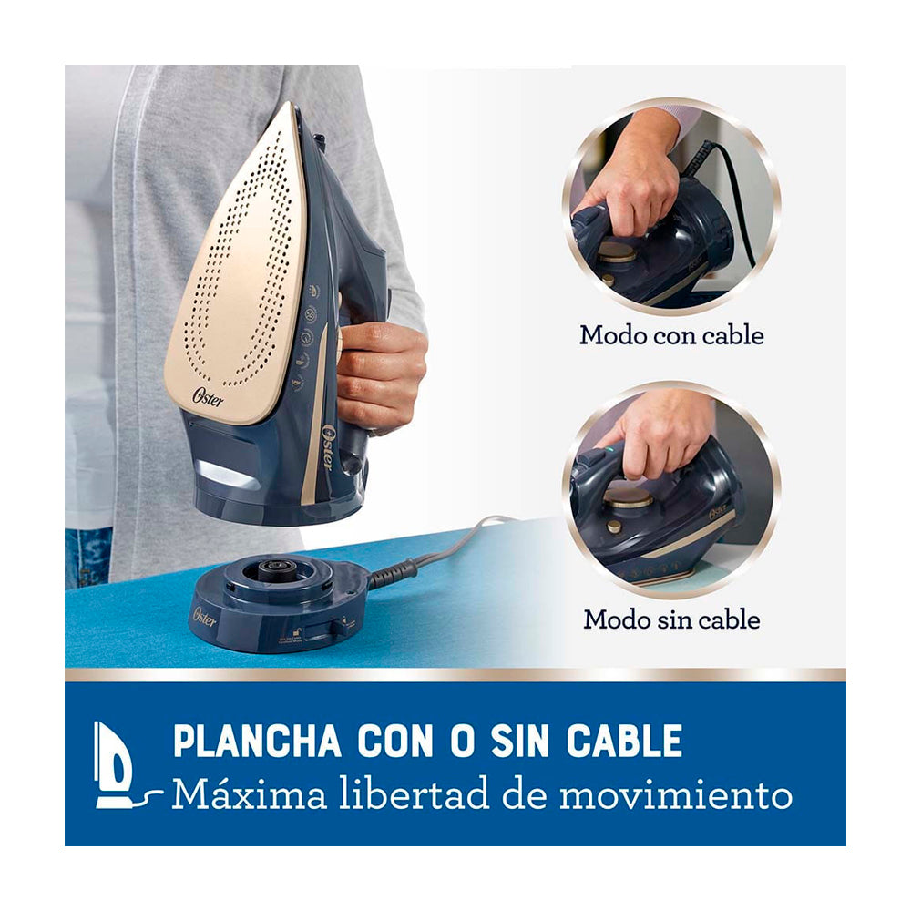 Oster GCSTCC5000 Plancha de Ropa a Vapor | Inalámbrica | 2-en-1 | Auto Limpieza / Apagado | Cerámica | Sistema Anti-Calcificación | Azul Dorado