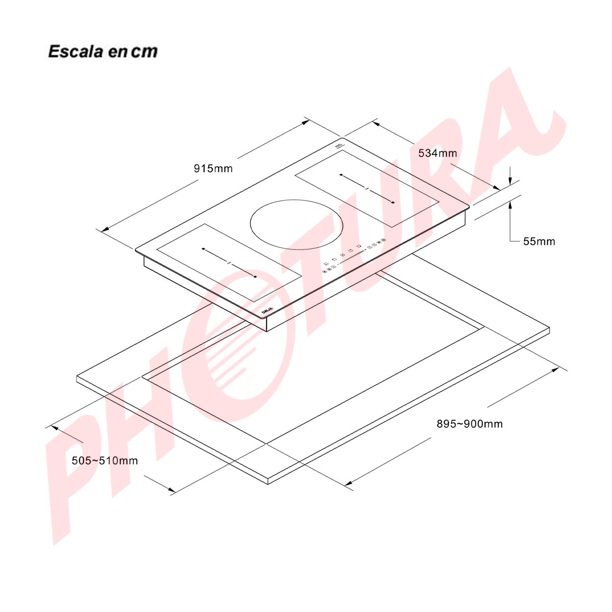 Drija Germany 90 Inducción Estufa Empotrable Eléctrica de Vitrocerámica | 5 Quemadores | Control Táctil