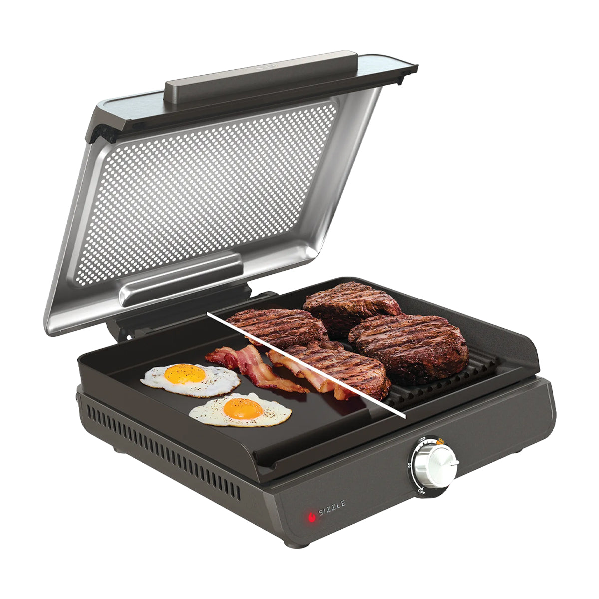 Ninja Sizzle Parrilla Eléctrica 2-en-1 para Interiores | Low Smoke Grill | Antiadherente | Placas Intercambiables | 1450W | Gris