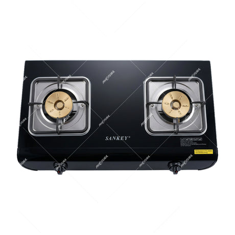 Sankey Estufa de Mesa a Gas | 2 Quemadores de Bronce | Cubierta de Vidrio | Control de Temperatura | Negro