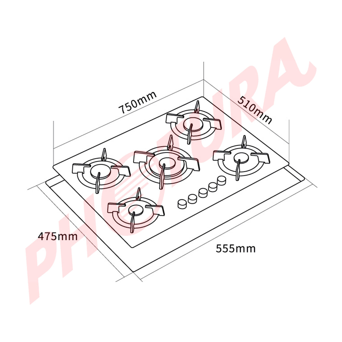Sankey Estufa Empotrable a Gas de Vidrio Templado | 75cm | 5 Quemadores | Encendido por Pulso