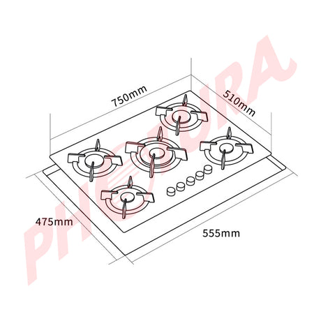 Sankey Estufa Empotrable a Gas de Vidrio Templado | 75cm | 5 Quemadores | Encendido por Pulso
