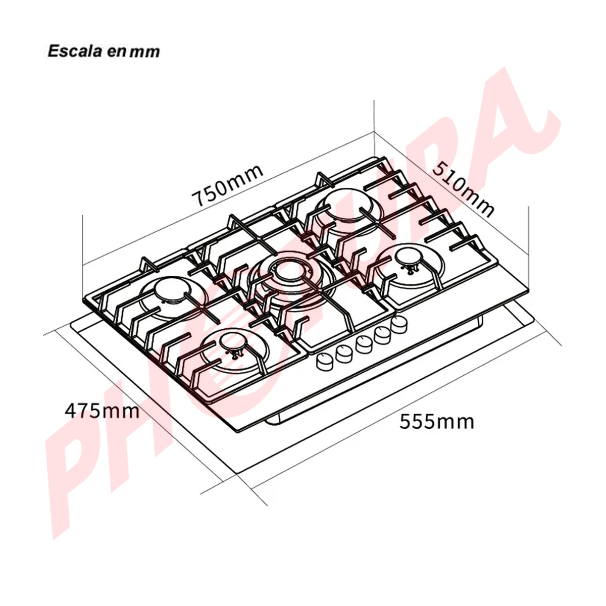 Sankey Estufa Empotrable a Gas de Vidrio Templado | 75cm | 5 Quemadores | Encendido por Pulso