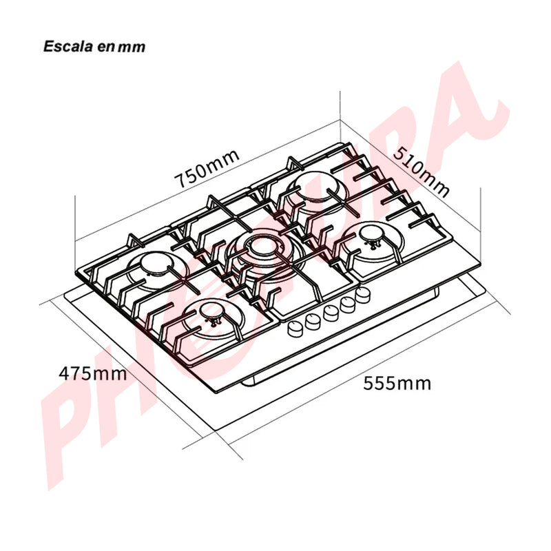 Sankey Estufa Empotrable a Gas de Vidrio Templado | 75cm | 5 Quemadores | Encendido por Pulso