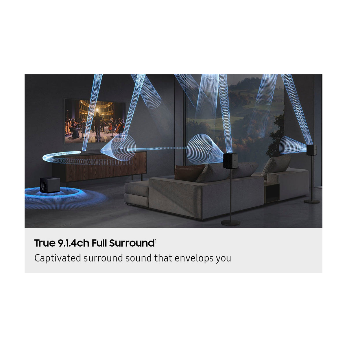 Samsung Barra de Sonido Bluetooth de 9.1.4 Canales | Subwoofer | Sonido Envolvente 3D | Q-Symphony | SpaceFit Sound Pro | GM Pro | WiFi | AVA Pro | Wireless Dolby Atmos | DTS:X | 580W