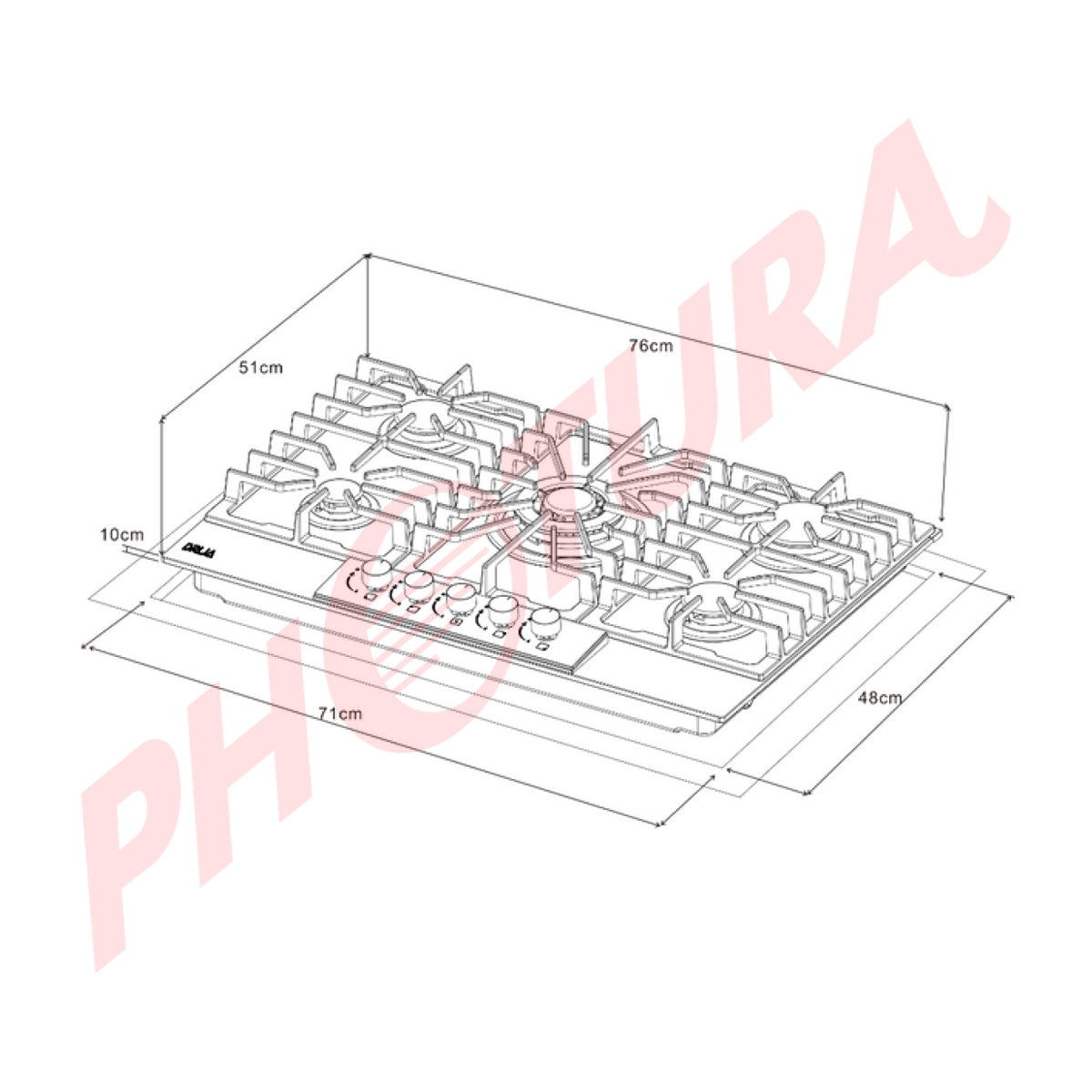 Drija Italia 76 Estufa Empotrable a Gas de Vidrio Templado | 5 Quemadores | 5 Válvulas de Seguridad