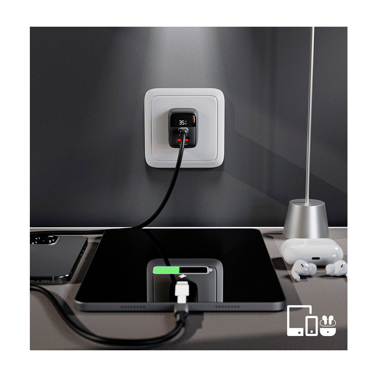 Klip Xtreme Adaptador de Corriente de Pared | 2 puertos | Tecnología GaN | Pantalla LCD | Negro