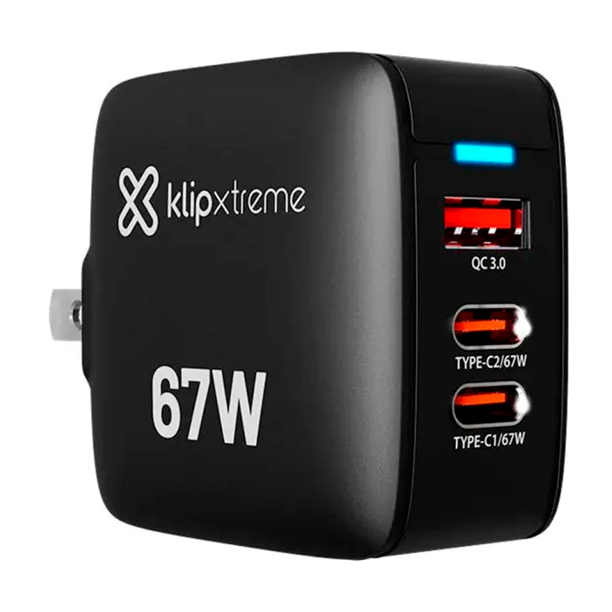 Klip Xtreme Adaptador de Corriente de Pared | 3 puertos | Tecnología GaN | Indicador LED | Negro