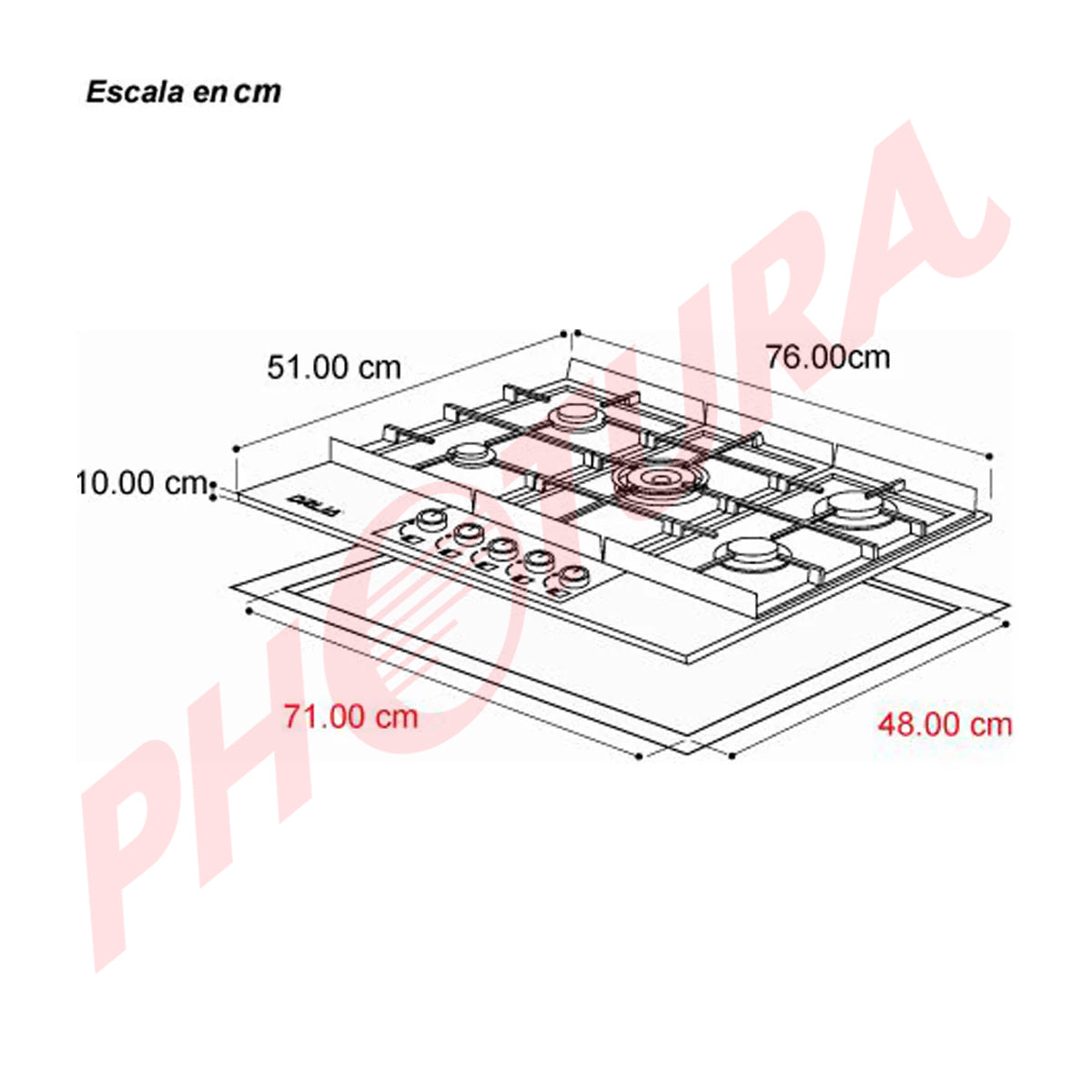 Drija Livorno 76 Professionale Estufa Empotrable a Gas de Acero Inoxidable | 5 Quemadores | 5 Válvulas de Seguridad