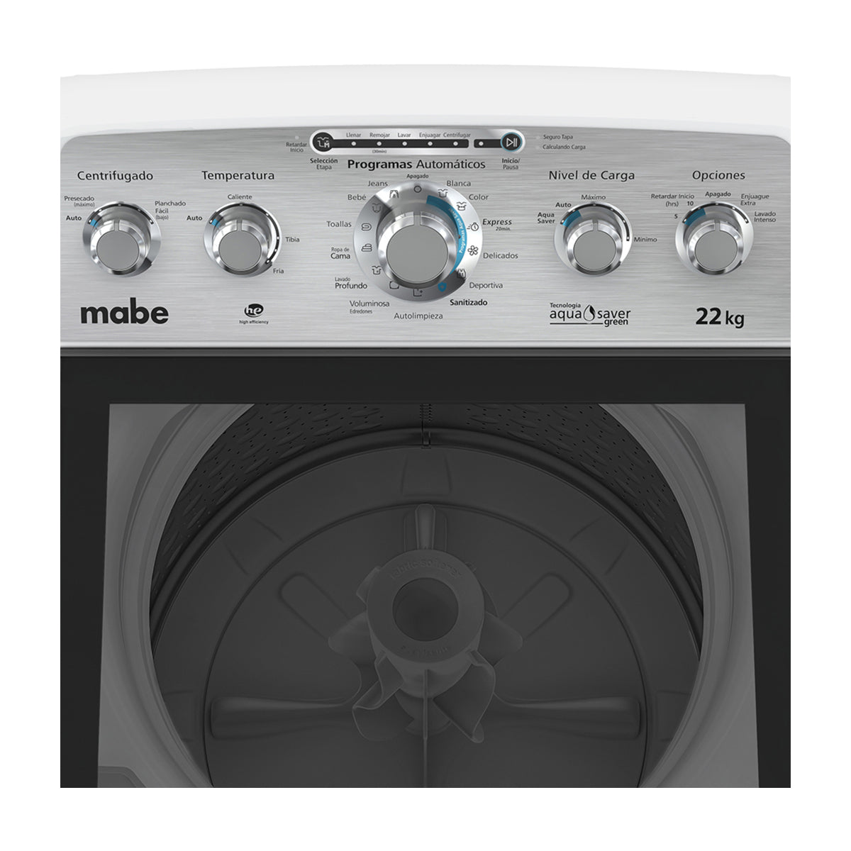 Mabe Lavadora Automática de Carga Superior | 11 Programas Automáticos | Aqua Saver Green | 22kg