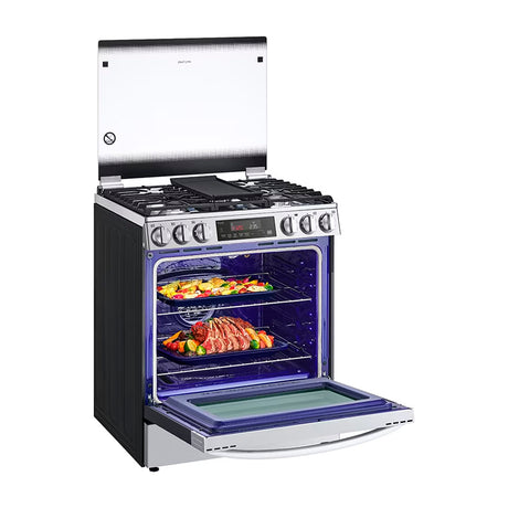 LG Estufa a Gas de Acero Inoxidable | Smart WiFi ThinQ | 5.8p3 | Ultra Heat | Air Fryer | Convección | Panel Digital | Tapa | Plancha | 30" | 5 Quemadores