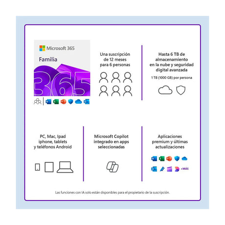 Microsoft 365 Familia Suscripción de 1 Año | Copilot IA | 6 Personas | 5 Dispositivos / Persona