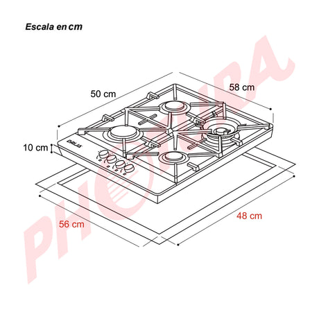 DRIJA Milan 60 Pro Estufa Empotrable a Gas de Acero Inoxidable | 4 Quemadores | 4 Válvulas de Seguridad