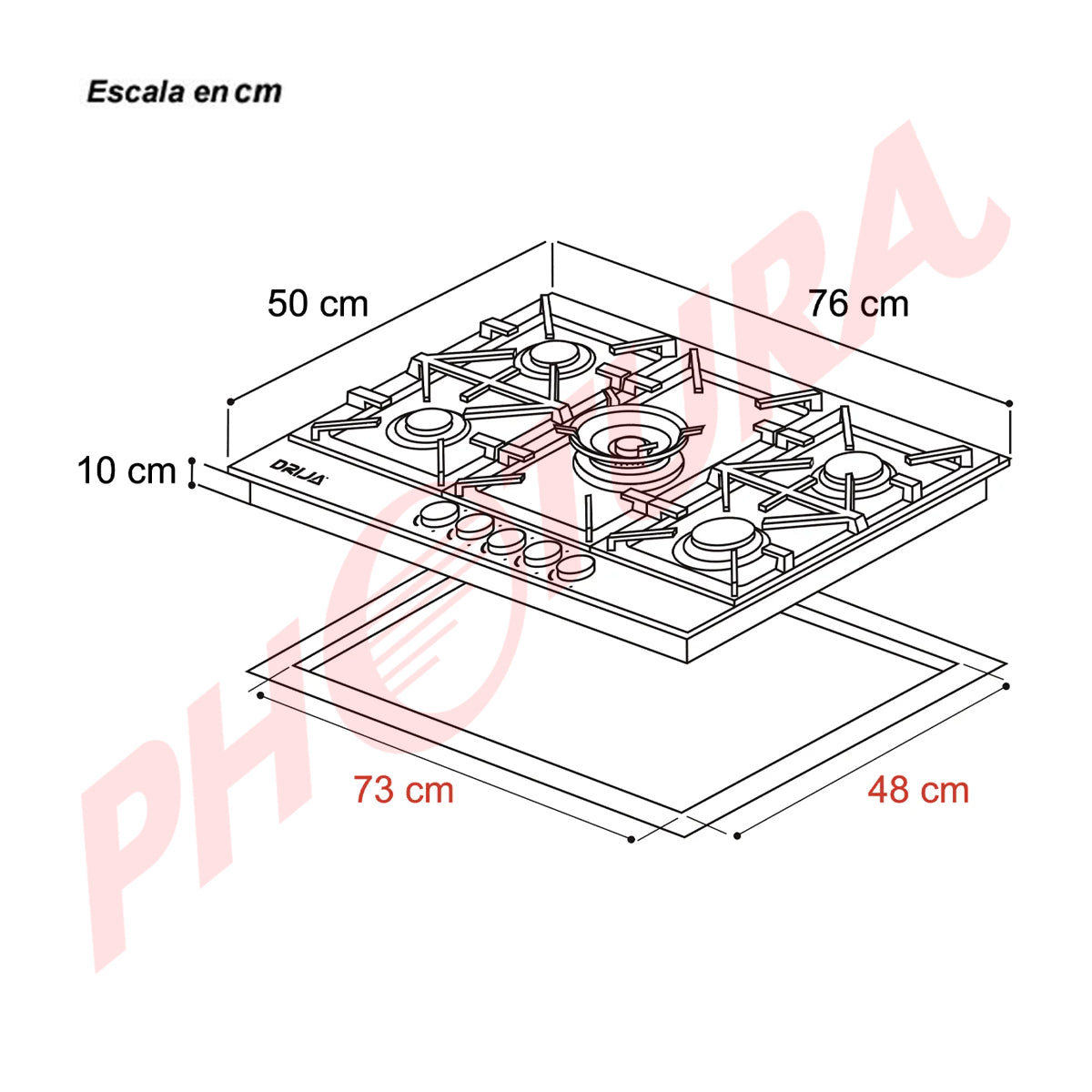 Drija Milan 76 Pro Estufa Empotrable a Gas de Acero Inoxidable | 5 Quemadores | 5 Válvulas de Seguridad