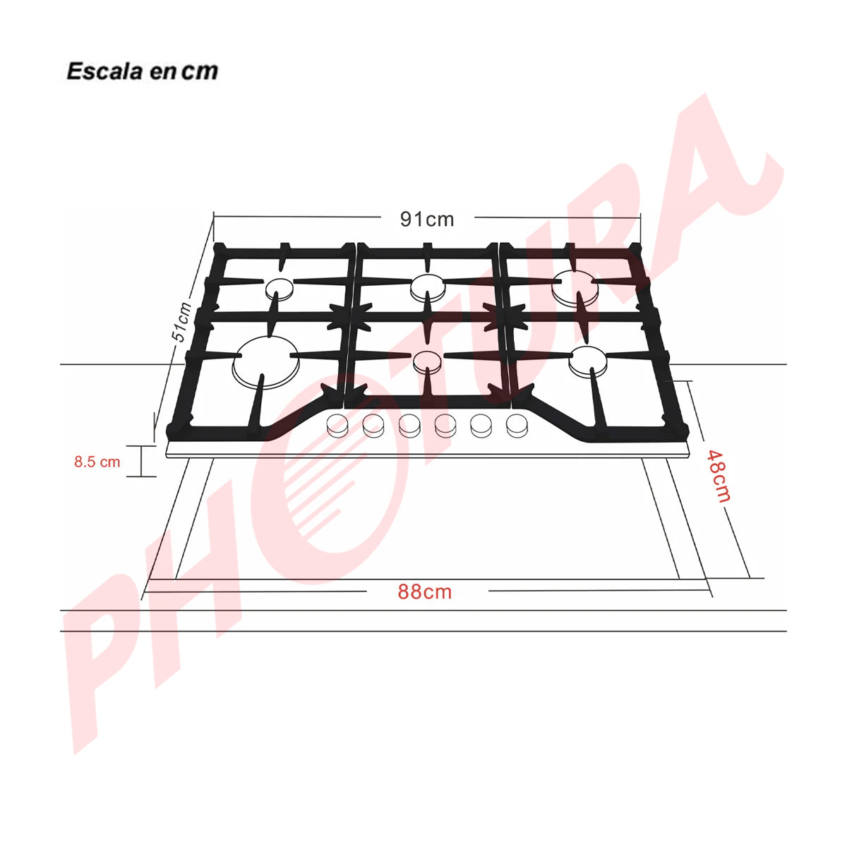 Drija Milan 91 Estufa Empotrable a Gas de Acero Inoxidable | 6 Quemadores | 6 Válvulas de Seguridad
