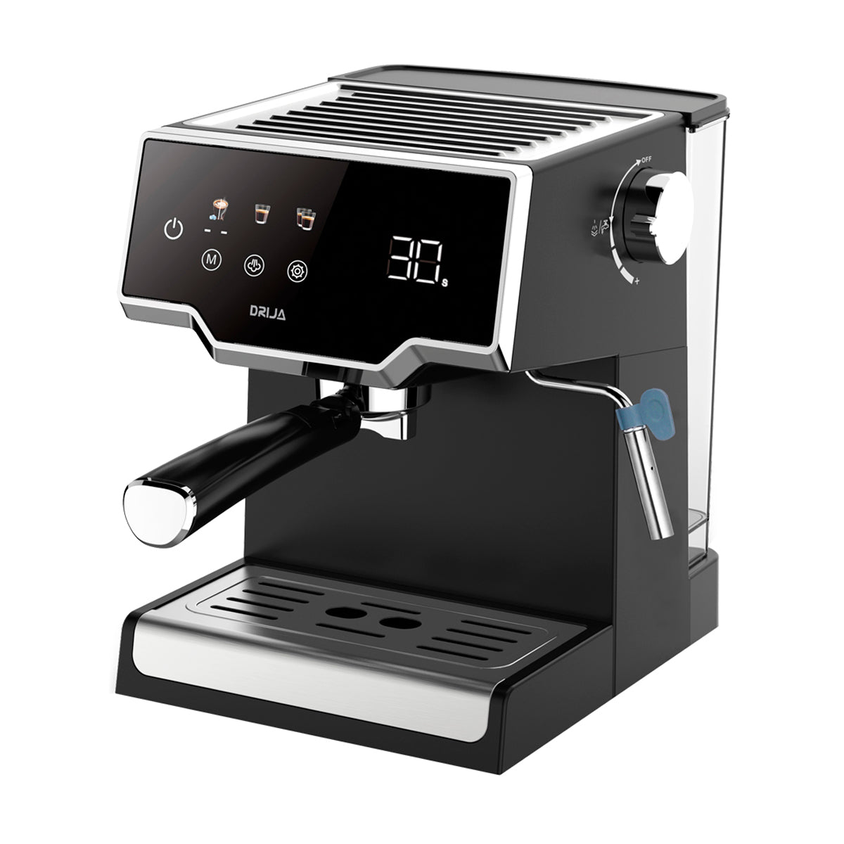 DRIJA Mocca Cafetera de 8 Tazas | Espresso y Capuccino | 15 - 20 Bares | Panel Digital | Sistema Espumador | Negro