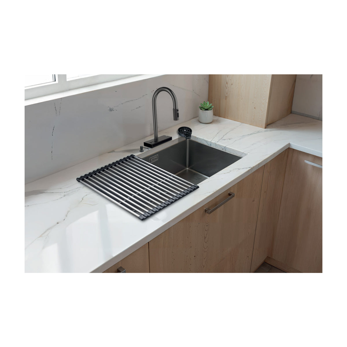 DRIJA Murano 76 Fregador Moderno de Acero Inoxidable | Sistema Anti Reboso | Enjuagador de Vasos | Dispensador de Jabón