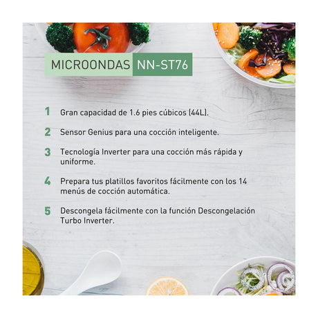 Panasonic Microondas Inverter de 1200W | Cocción por Sensor | 1.6p3 | Plateado