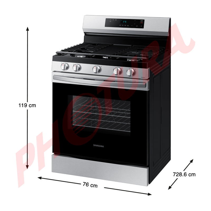 Samsung Estufa a Gas de Acero Inoxidable | WiFi Smart | 6p3 | Hornalla Doble 17.000 BTU | Control de Voz (Alexa y Google) | Panel Digital | Plancha | 30" | 5 Quemadores