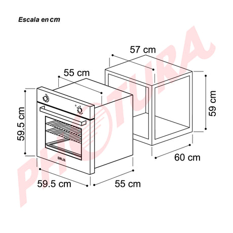 DRIJA Oceania 60 Black Gas Horno Multifuncional Empotrable a Gas | Puerta de Doble Vidrio | 250°C