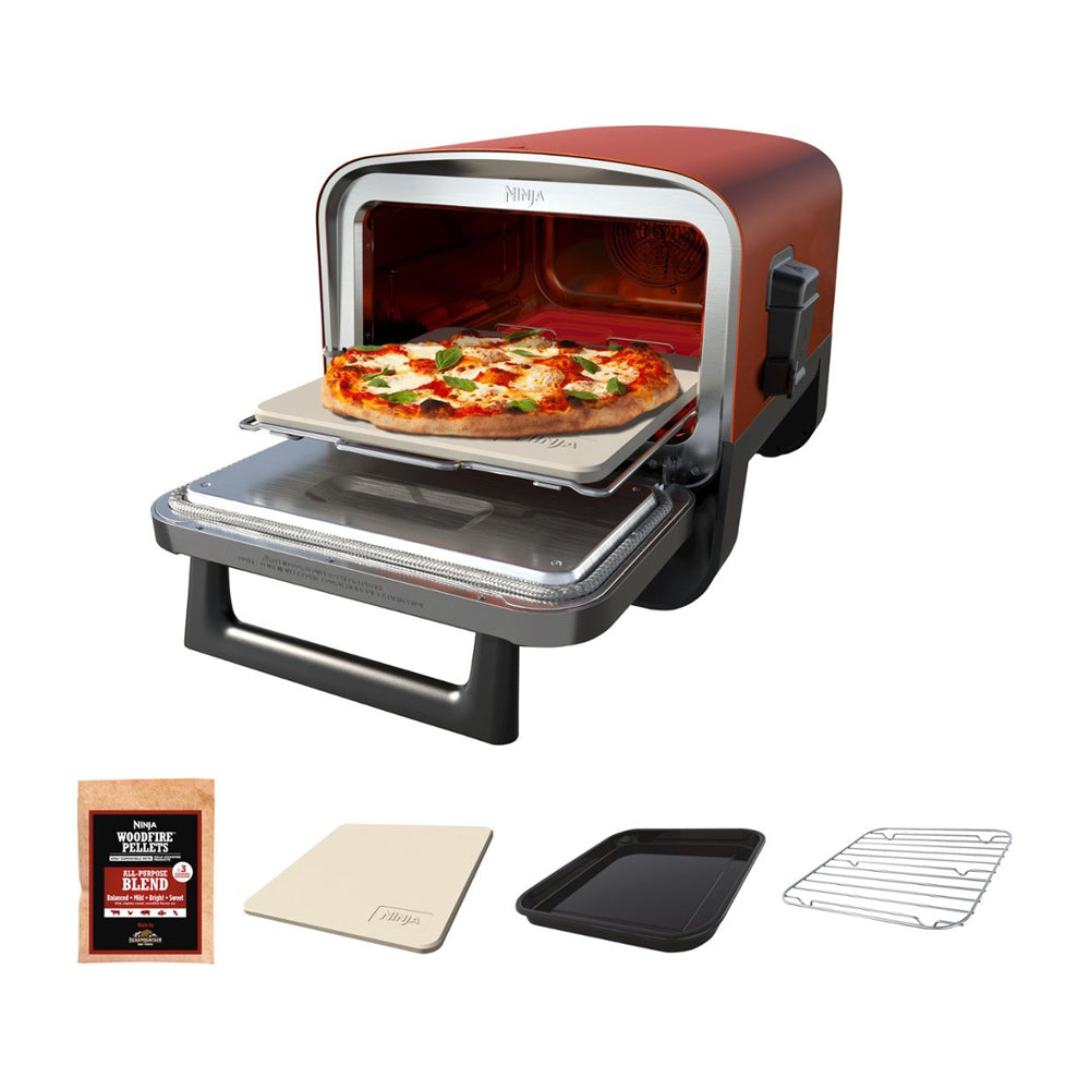 Ninja Woodfire Horno Eléctrico 8-en-1 para Exteriores | Woodfire Technology | Ahumador BBQ | Hornear y Asar | 1760W | Rojo