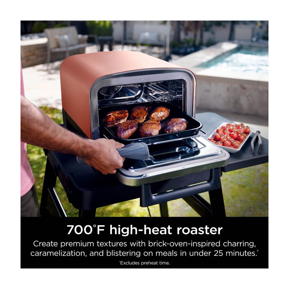 Ninja Woodfire Horno Eléctrico 8-en-1 para Exteriores | Woodfire Technology | Ahumador BBQ | Hornear y Asar | 1760W | Rojo