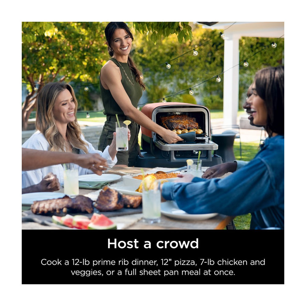 Ninja Woodfire Horno Eléctrico 8-en-1 para Exteriores | Woodfire Technology | Ahumador BBQ | Hornear y Asar | 1760W | Rojo