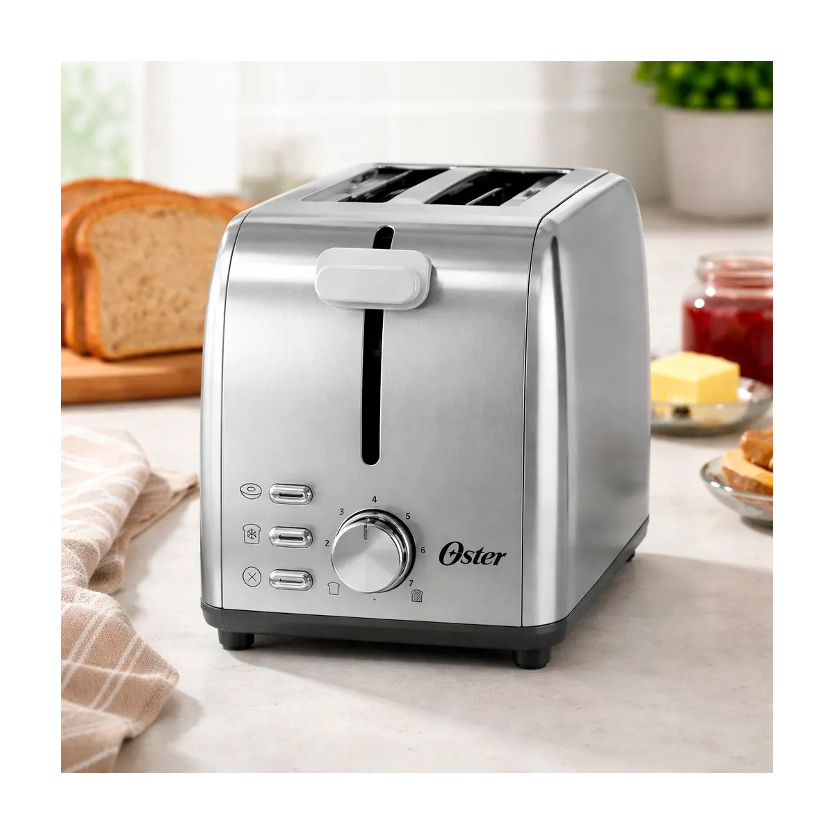 Oster OTST00MNSS2SGB24 Tostadora de 2 Rebanadas | 7 Niveles de Tostado | Ranuras Anchas | Acero